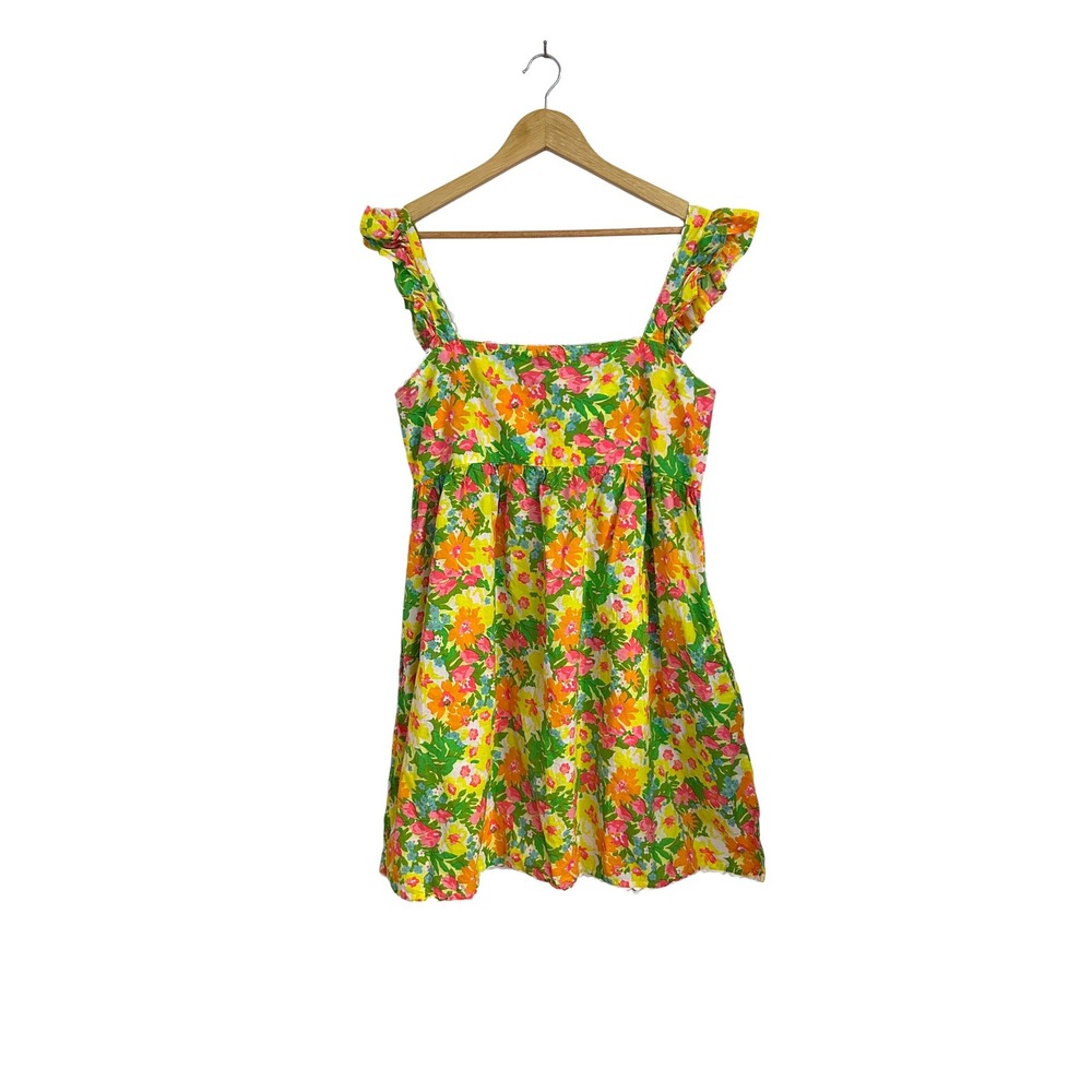 Pink City Prints Floral Cotton Mini Dress Yellow Green Ruffle Pockets Medium